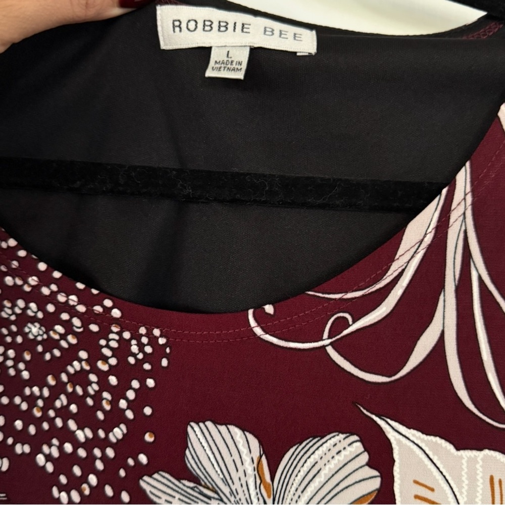 Robbie Bee Burgundy Floral Wrap Dress Size L Short Sleeve Side Tie - Picture 5 of 5